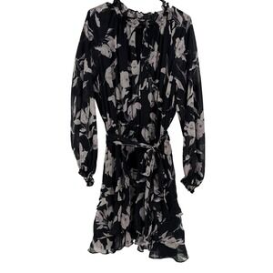 Lauren Ralph Lauren Black Floral Chiffon Ruffle Dress Long Sleeve Tie Neck 14